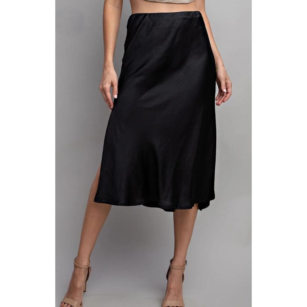 Eesome Women L Black Bias Satin Slip Midi Skirt Slit Classic 90s Minimalist